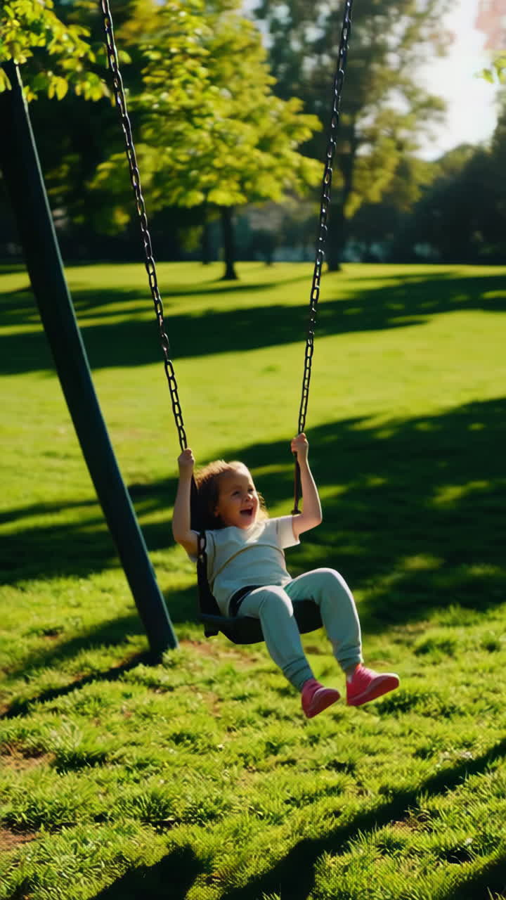 Young girl joyfully swinging in a park