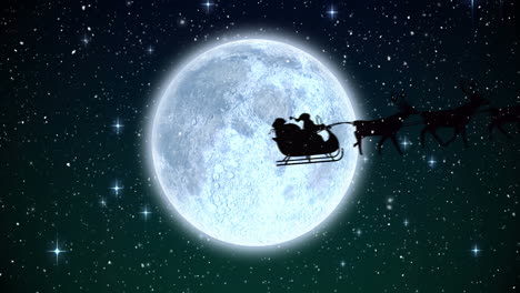 santa claus in sleigh being pulled by reindeers against shining stars an moon in the night sky