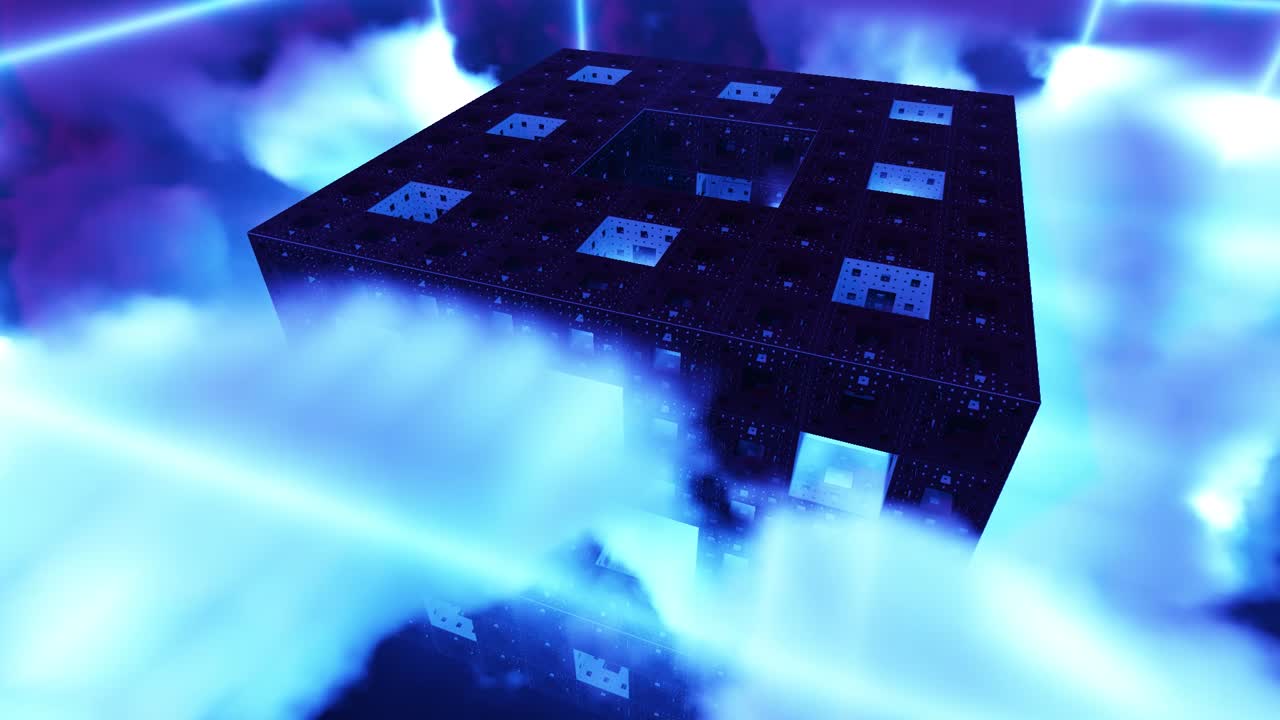 cubos fractales azules brillantes con luces de neón