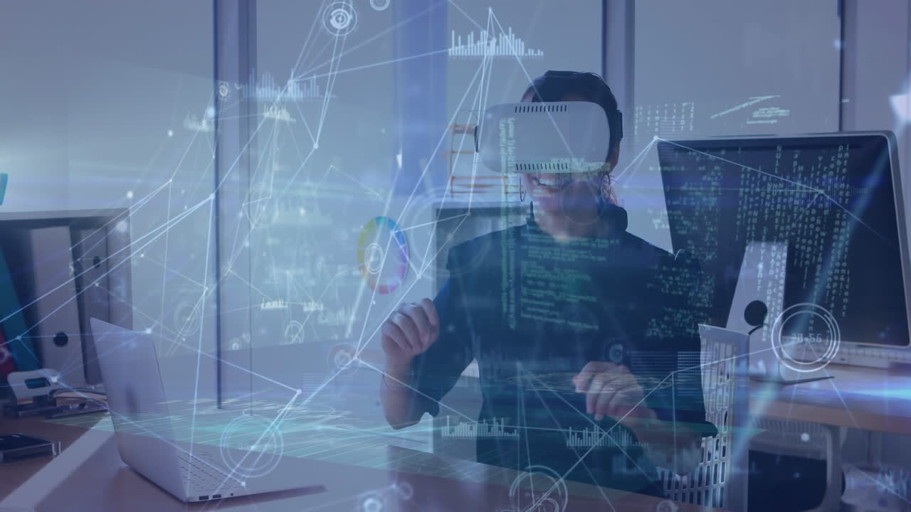 Animation of network of connections with data processing over caucasian businesswoman