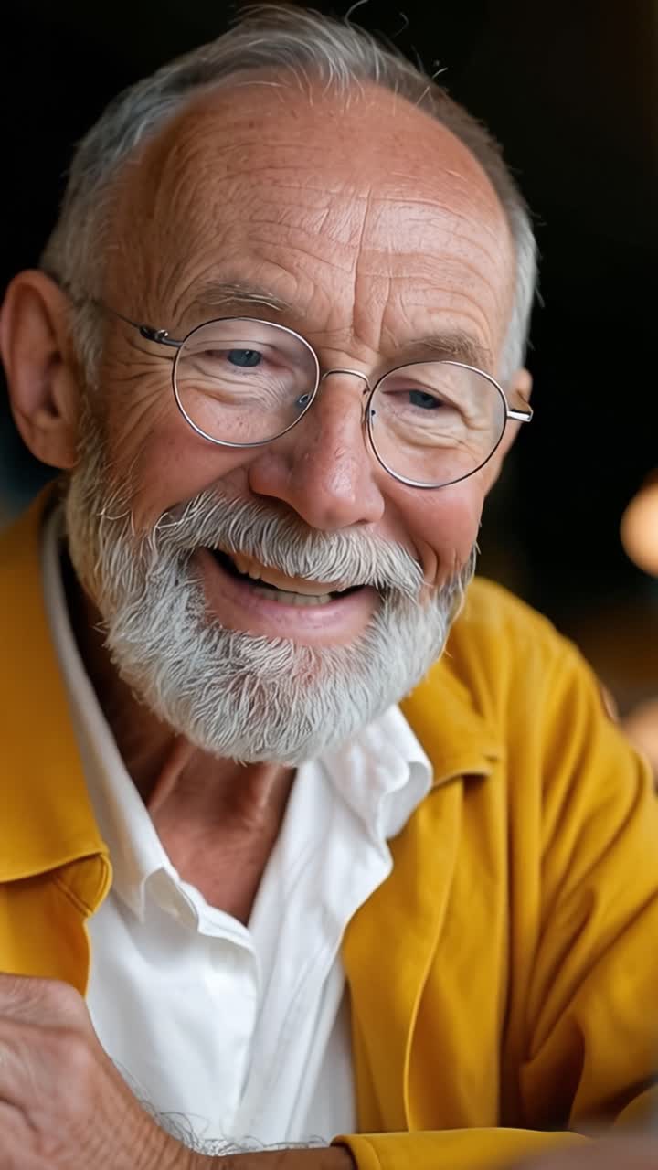 Retrato de primer plano de un hombre mayor feliz con gafas sonriendo.