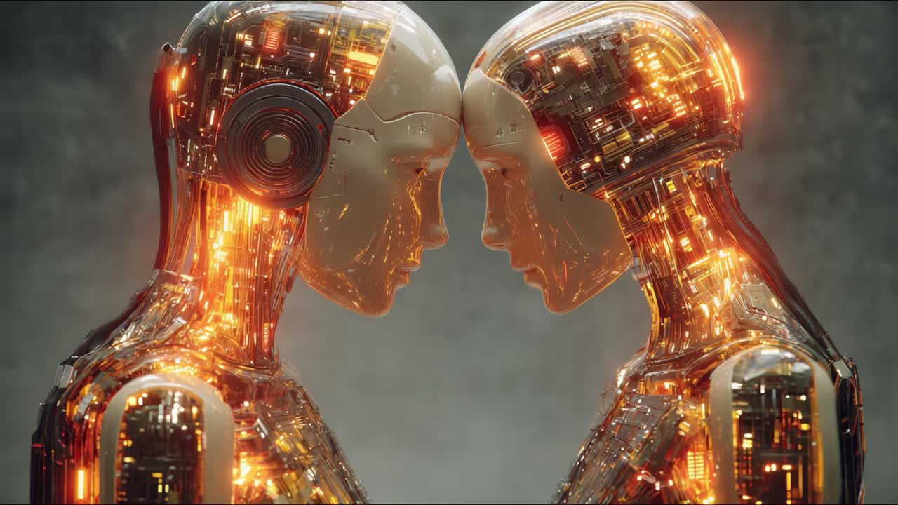 Una straordinaria rappresentazione di due robot umanoidi impegnati in un confronto pensieroso, che mette in mostra circuiti intricati e dettagli luminosi che ne evidenziano il design futuristico