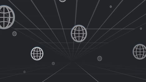 animación de múltiples iconos de globos web flotando sobre el túnel en un patrón sin costuras sobre fondo negro
