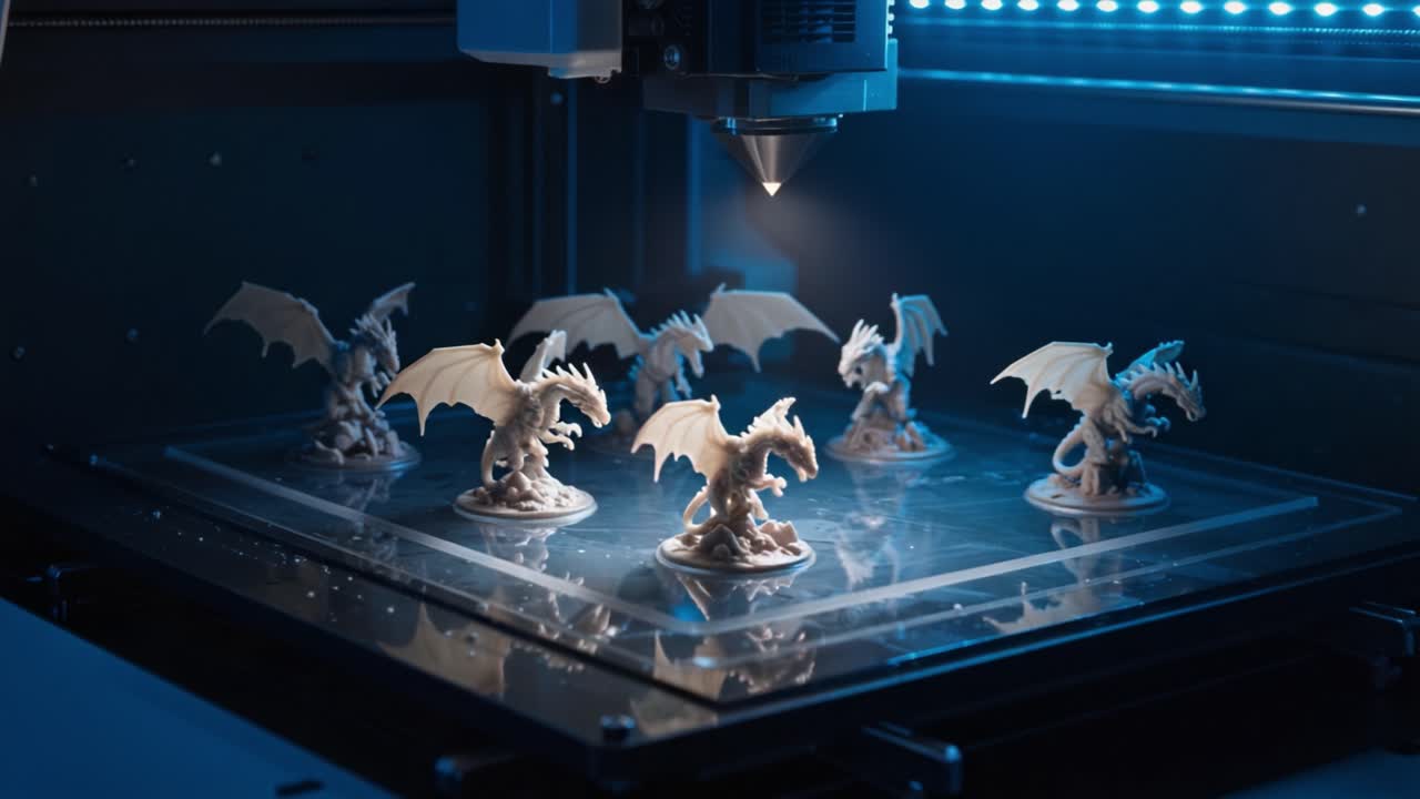 Detailed Process of 3D Printing Miniature Dragon Figures in a High-Tech Environment with Advanced Techniques and Precise Detail