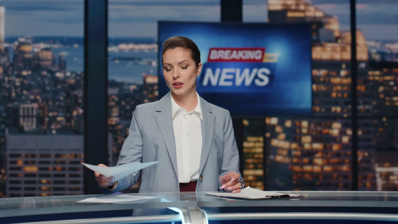 Anchor discussing daily events television closeup. Woman translating live news