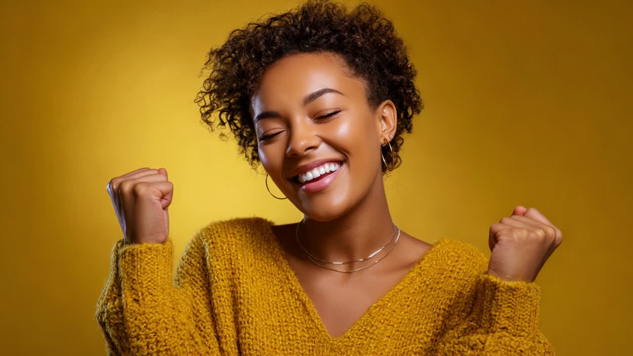 A joyful young woman expresses pure happiness and excitement in a vibrant scene, showcasing a warm smile and energetic pose, all illuminated by a striking yellow background that enhances her cheerful mood