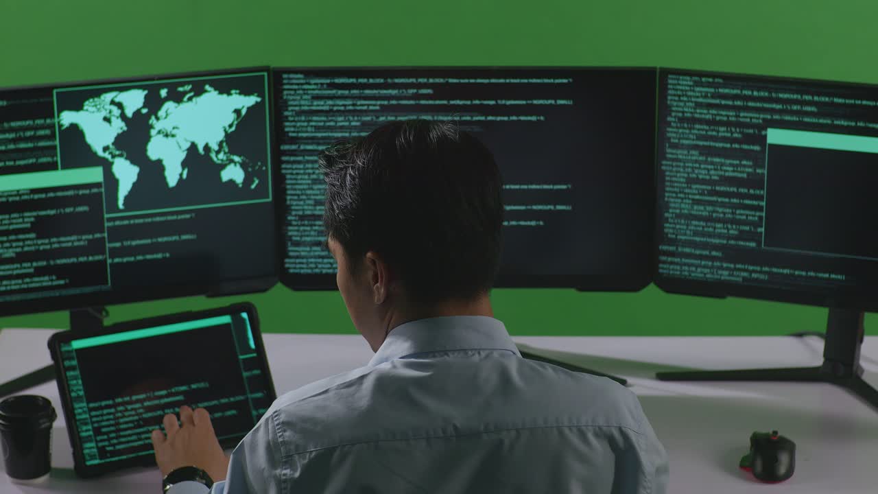 Back View Of Asian Man Developer Working With Tablet While Write Code With Multiple Computer Screens In Green Screen Studio