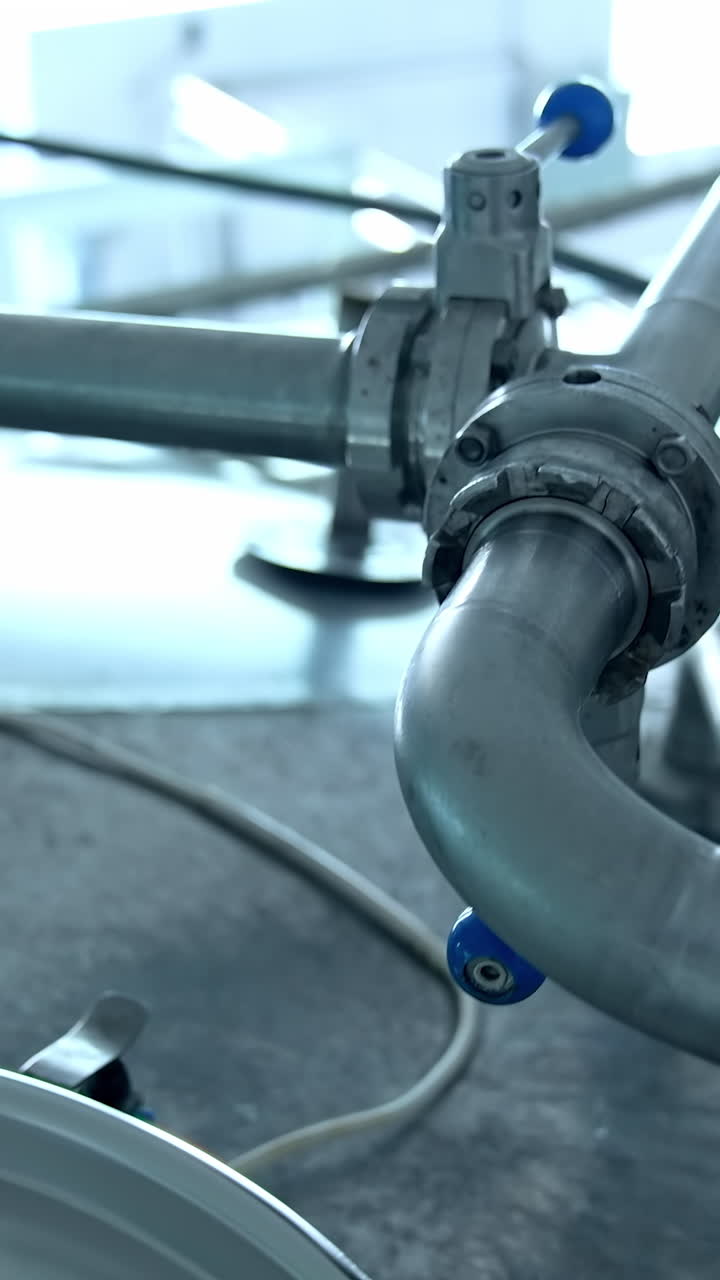 Modern cheesemaking technologies. Stainless cheese factory storages. Vertical video