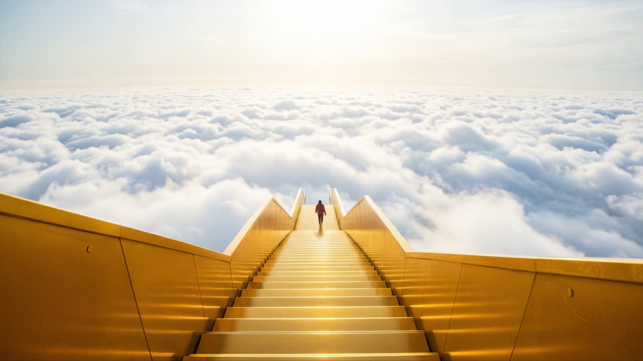 A Serene Journey Above the Clouds: A Person Descends Golden Stairs Toward Infinite Horizons Bathed in Bright Light and Fluffy Cloud Cover
