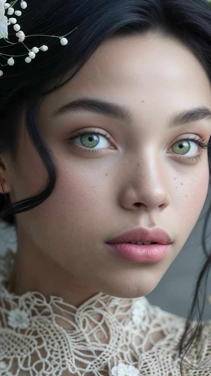 Vertical video: Camera capturing model tilting head and blinking in studio, with lace collar