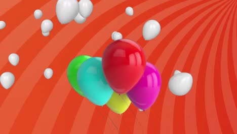 Animation-of-balloons-floating-over-rotating-red-stripes-moving-in-hypnotic-motion-in-seamless-loop