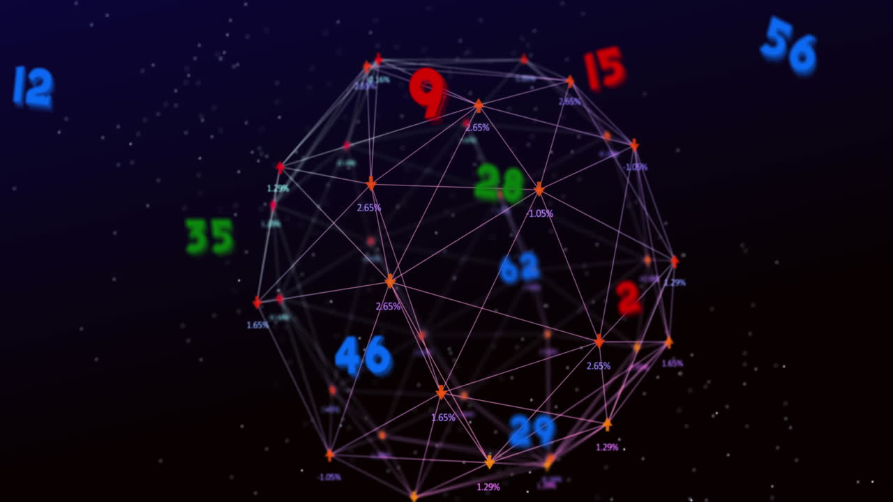 Animation of numbers over web of connections on black background