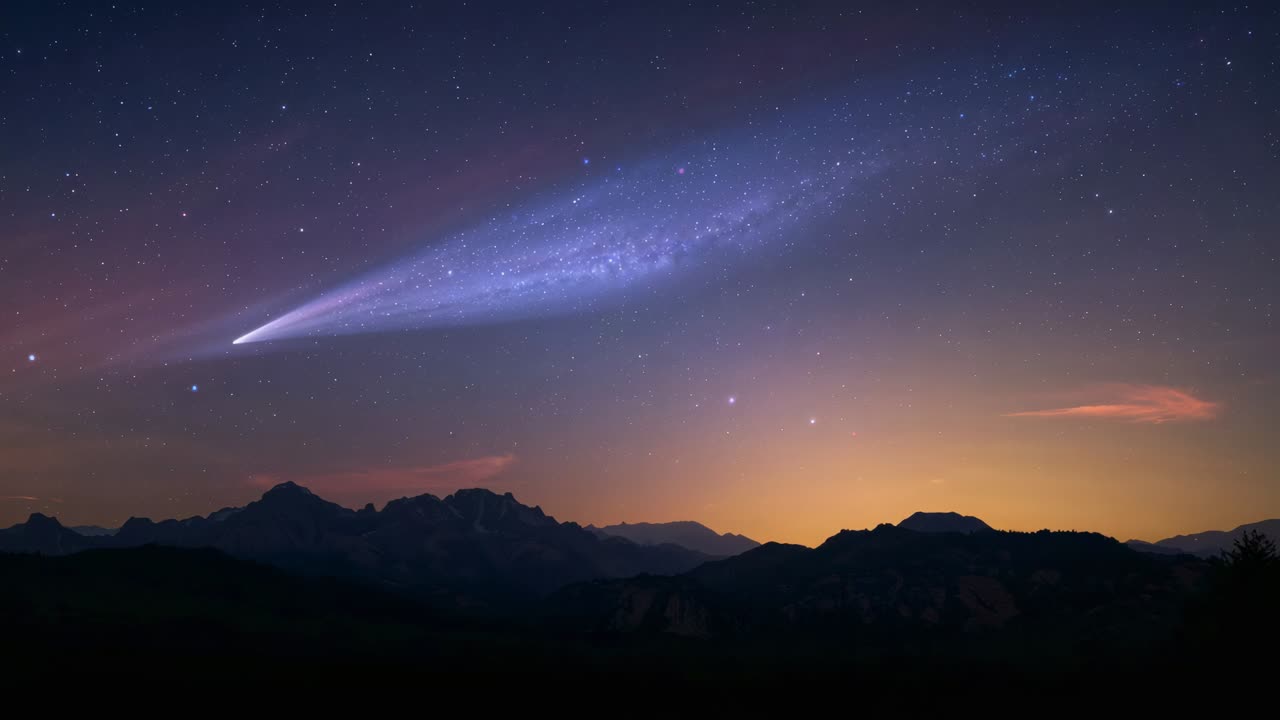 Crossing bright comet with white head, milky tail arcing above mountain ridge at dusk, orbiting sun