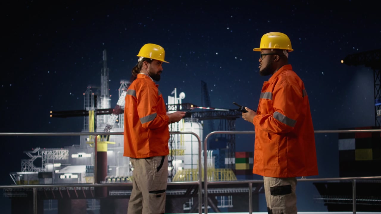 Taler i walkie-talkie, global oliekrise og mænd på offshore-boreplatform.