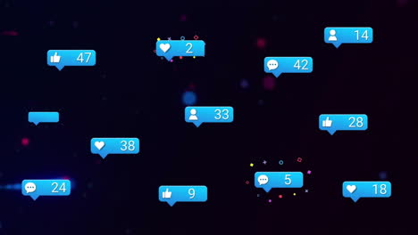 animation of social media like and love notifications and colourful lights on black background