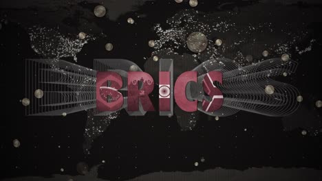 brics currency text and coin symbols on a world map background - cgi animation