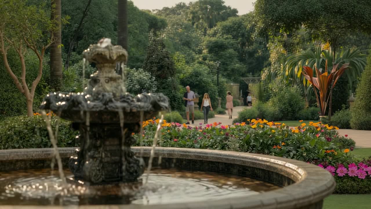 Opening shot showing fountain with cascading water in garden while three friends stroll behind