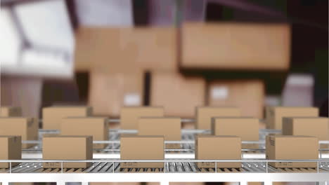 animación de cajas de cartón en cintas transportadoras en el almacén