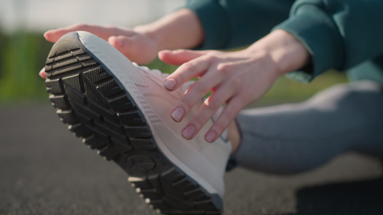 Primo piano di persona che si allunga all'aperto, mani che toccano la suola della scarpa da ginnastica, mostrando l'attenzione al fitness con unghie ben curate e scarpe sportive testurizzate, lo sfondo sfocato enfatizza la flessibilità