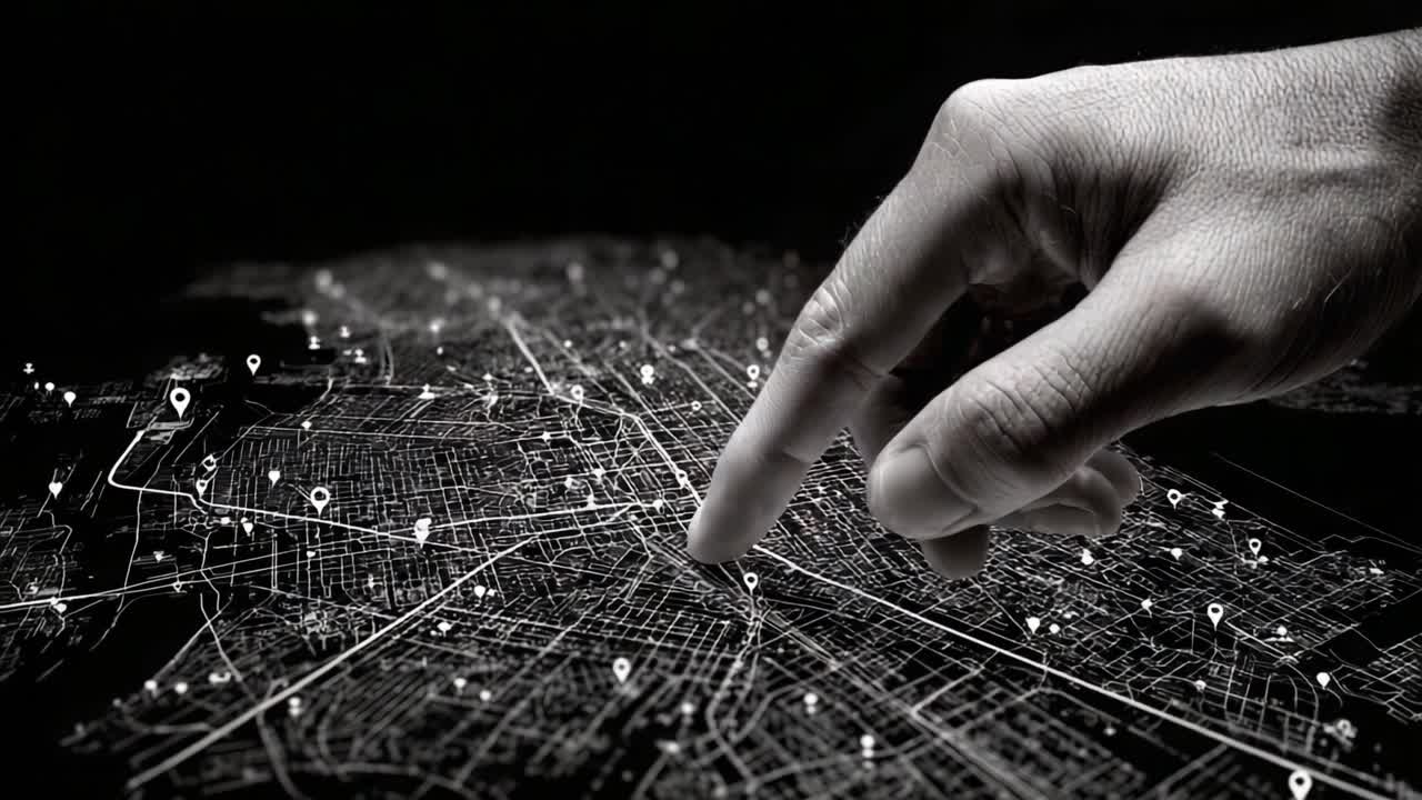 Esplorando mappe digitali: una mano con un'interfaccia geografica che evidenzia varie località e punti di interesse.