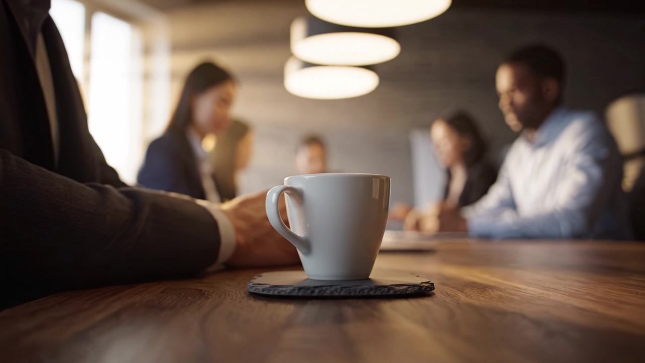 Profesjonell møtedynamikk med kaffe: Utforsker samarbeid og diskusjoner i et moderne kontorlandskap mens deltakerne engasjerer seg i strategiske samtaler.