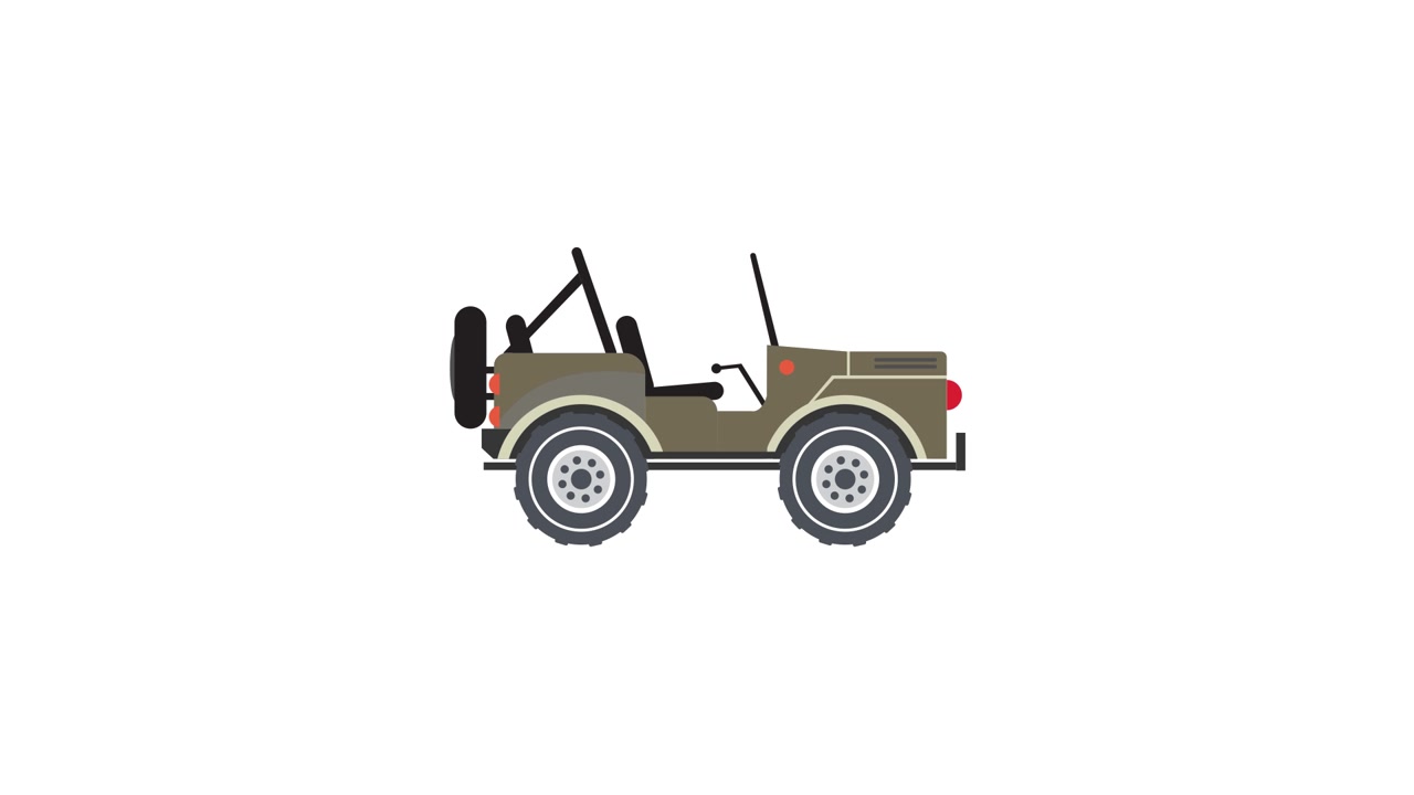 Animazione Flat Design di una jeep militare che si assembla e guida