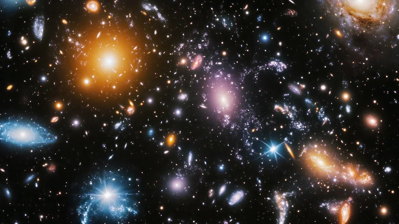 Un concetto di video cosmico con una visuale grandangolare di un vivido ammasso di galassie, che mostra turbinii