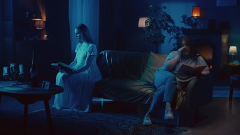young woman is peacefully sitting on a couch and reading when suddenly she turns her head and sees a - young woman is peacefully sitting on a couch and reading, when suddenly she turns her head and sees a ghost, poltergeist of a female copying her on the opposite side of the couch. paranormal activi