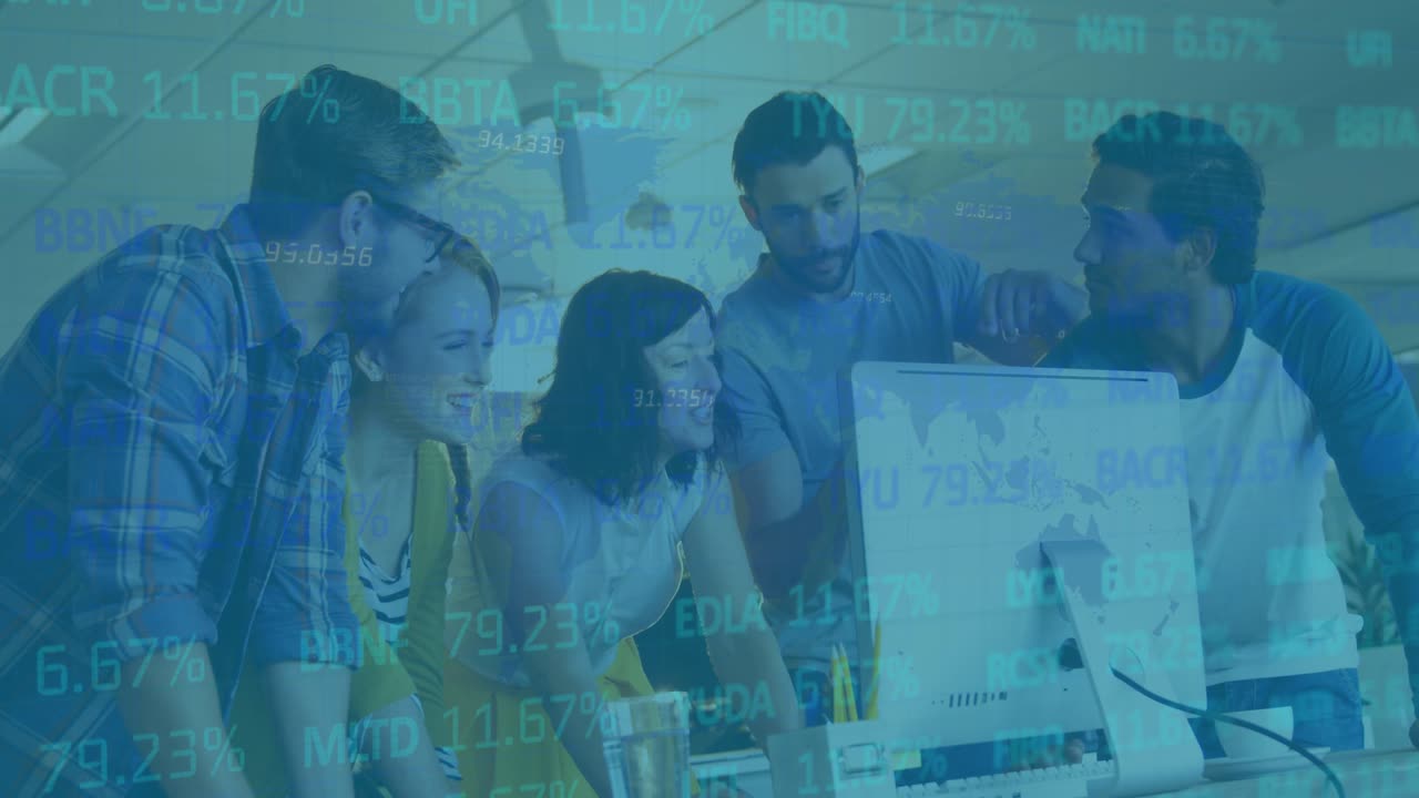 Animation of financial data processing over office colleagues brainstorming using computer