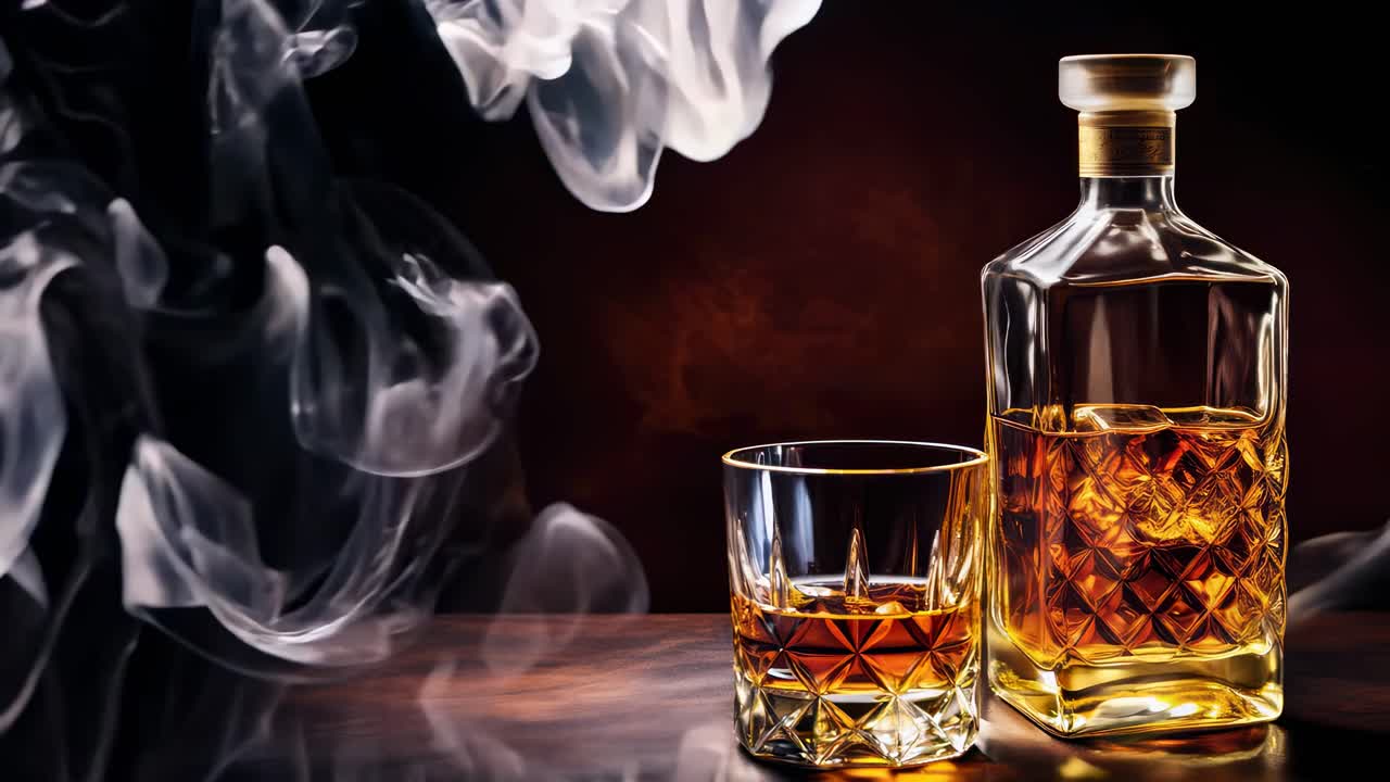 Elegante concept video che mostra una bottiglia di whisky e un bicchiere su una superficie di legno