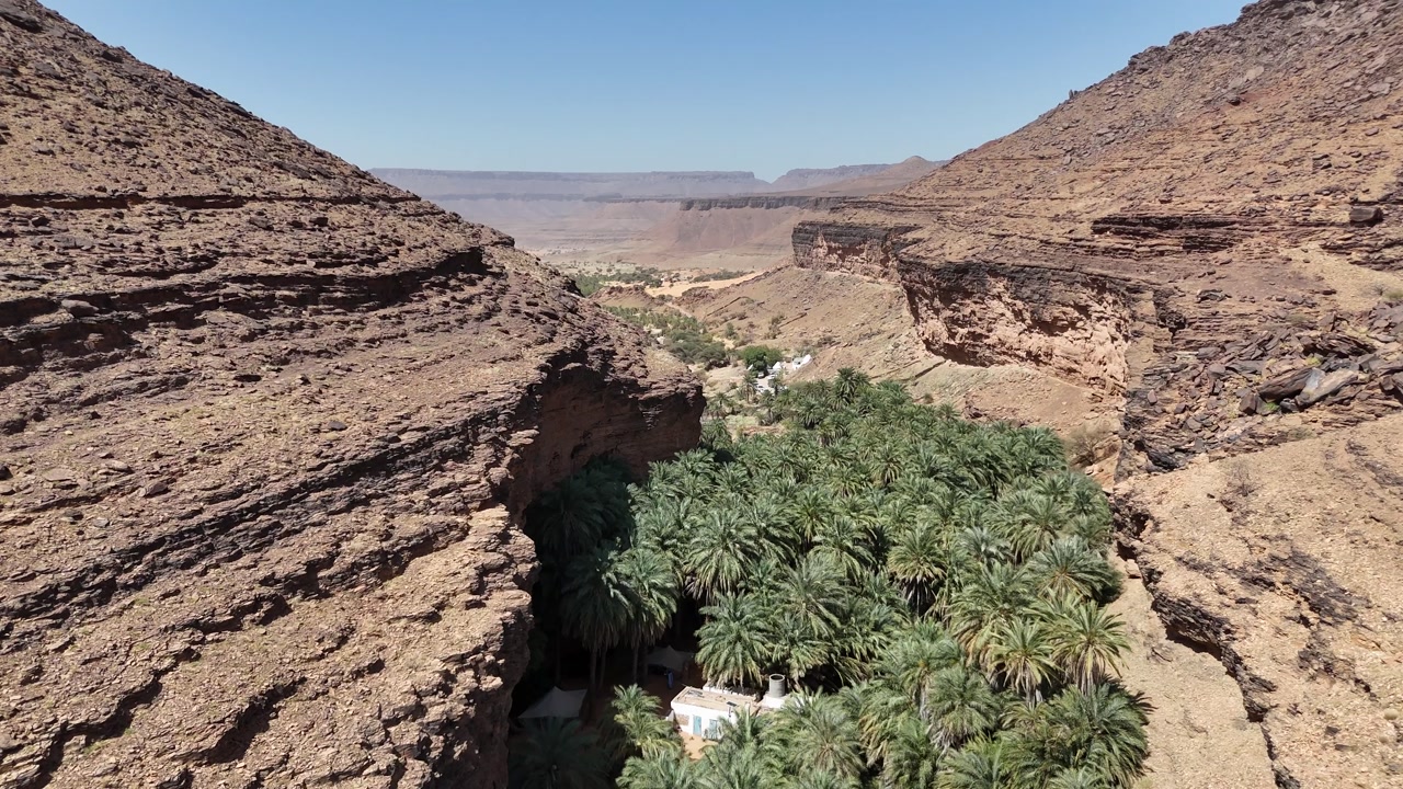 Aerial drone view of lush green oasis hidden in rocky desert canyon in Mauritania
