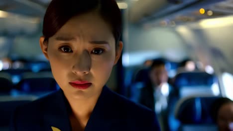 flight attendant's worried expression in airplane