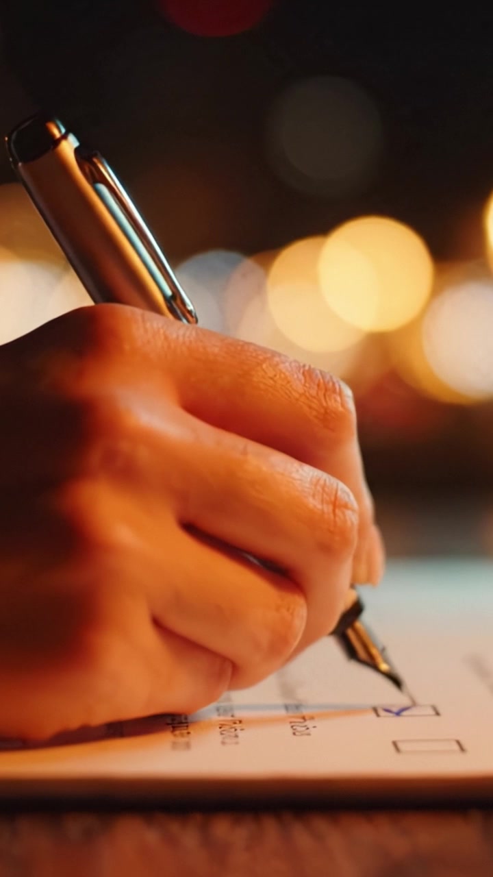 A Close-up of a Hand Writing on a Form in a Dimly Lit Setting, Highlighting the Details of the Hand, Pen, and Paper Amidst a Beautiful Bokeh Background