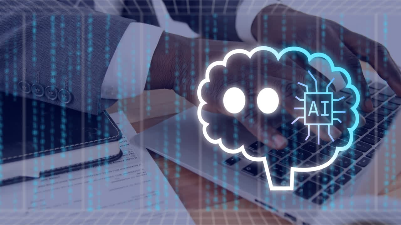 Animation of AI brain icon overlaying laptop typing with digital data elements