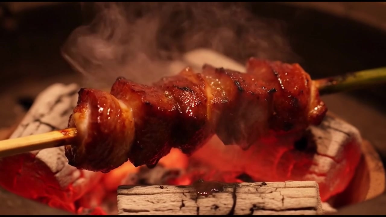Spiedino di pancetta di maiale che griglia su braci ardenti