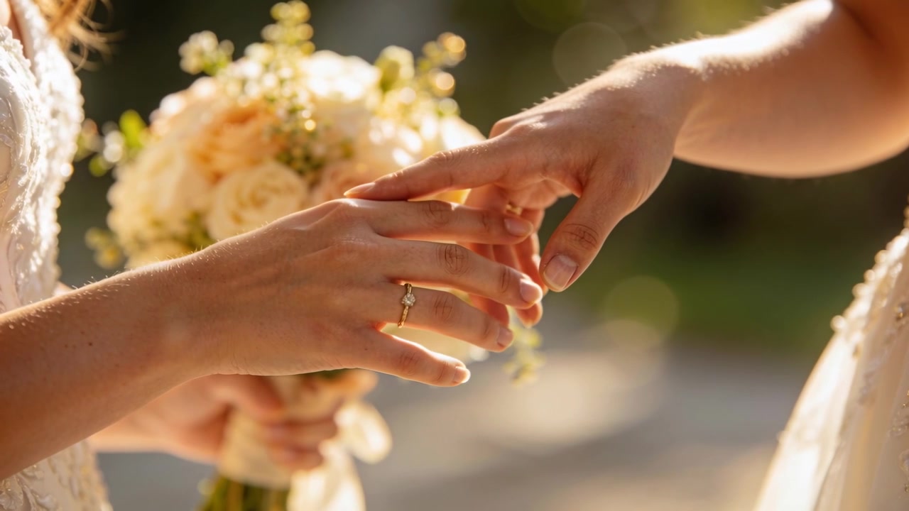 Sliding right bride's hand placing ring during vows at garden wedding, in white lace gowns, bouquet