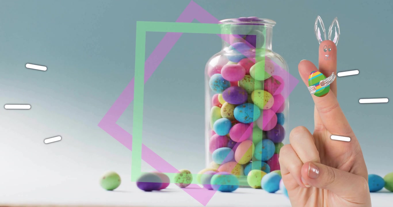Sağdan giren el parmak ucu tavşanı oluşturuyor, pastel şeker kavanozunun üzerinde dönen neon kare pazarlama amaçlı.