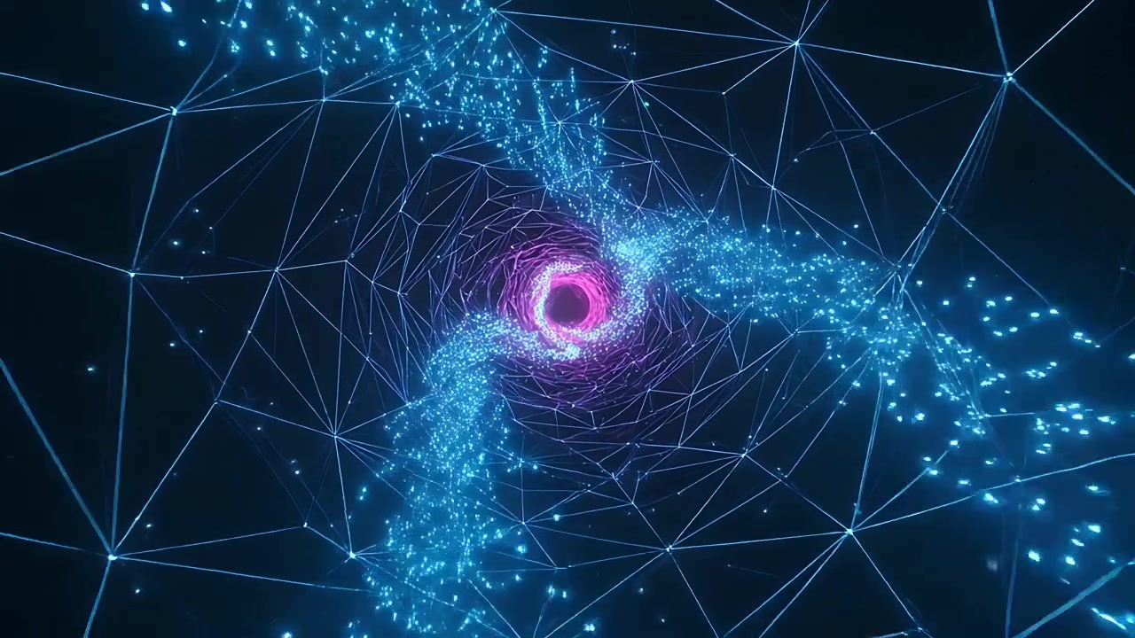 Entrando in diagonale, flussi di particelle blu che si avvolgono e alimentano un nucleo magenta in un tunnel a rete