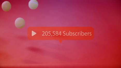 yellow tennis balls floating above red gradient surface, red speech bubble showing subscriber count