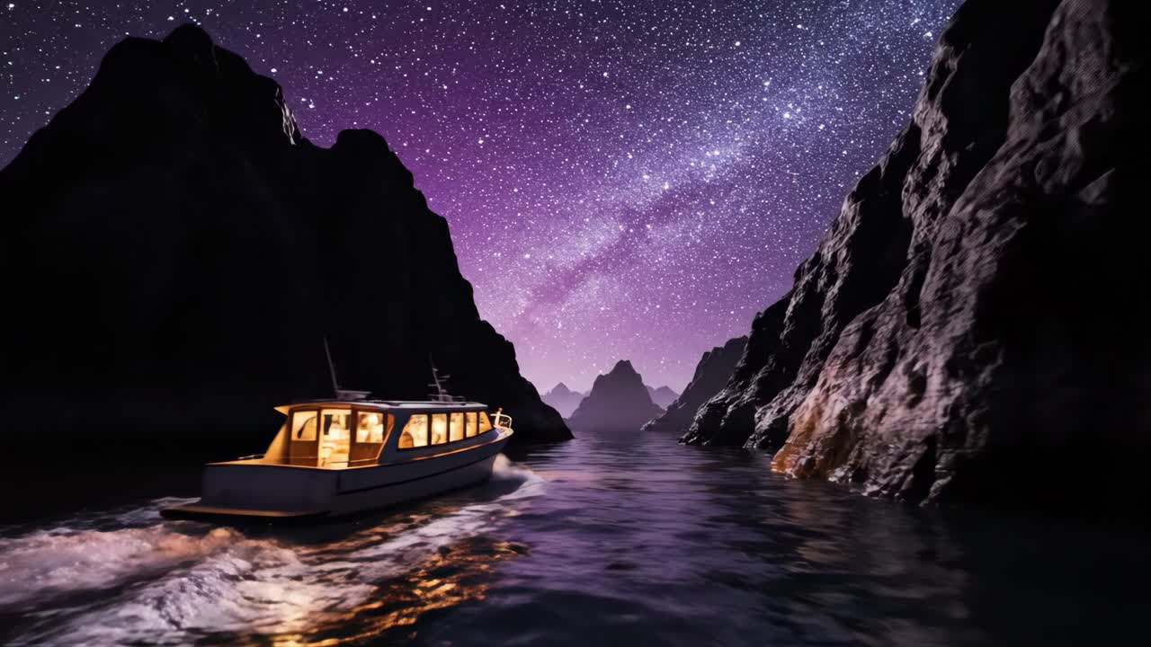 Gita in barca sotto le stelle in un paesaggio montano