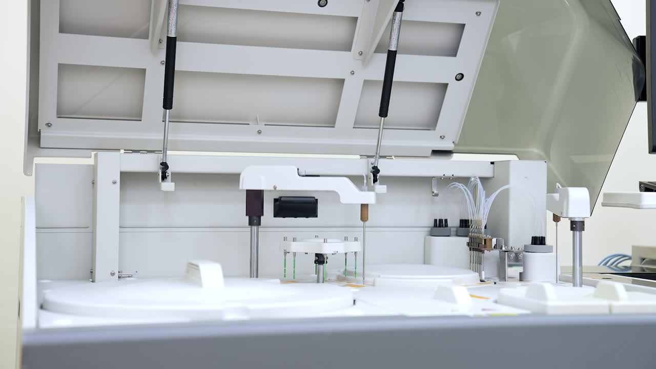 Large laboratory machine working and producing biomedical testing of blood. Advanced innovative equipment in science lab.