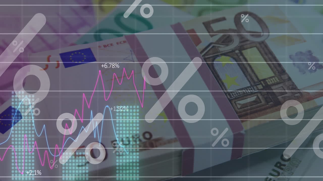 Animation von Diagrammen mit sich ändernden Zahlen und Prozentzeichen, 50 und 100 Euro auf dem Tisch.