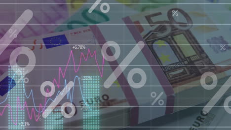 animación de gráficos con números cambiantes y símbolos percentiles, 50 y 100 euros en la mesa