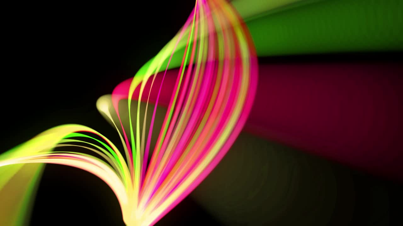 빛의 흐름: 4k에서 추상적인 루프 배경, 빛의 흔적, 공간에서 녹색, 빨간색, 노란색, 네온 선의 흐름은 나선형 모양을 형성하기 위해 움직입니다.