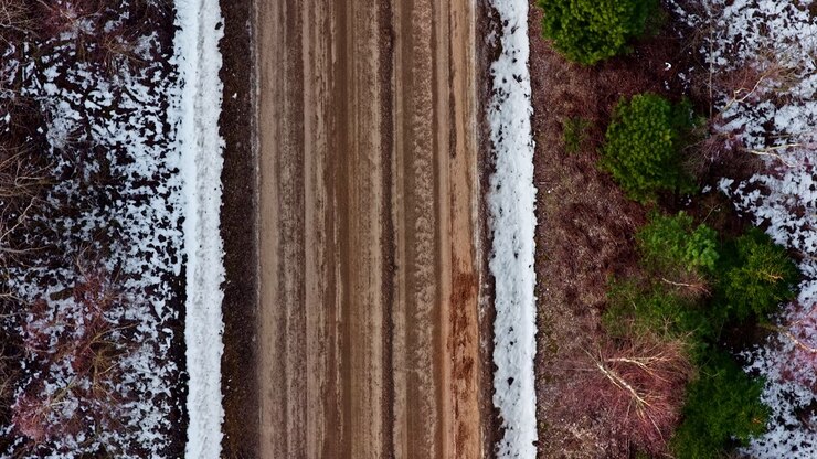 Unpaved road cutting through mixed winter and evergreen forest environment, aerial view top down