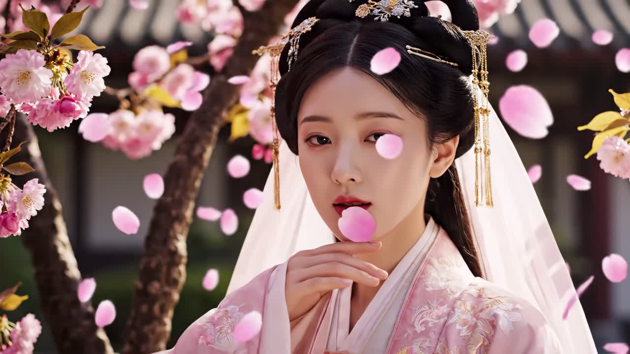 Asian woman in traditional Hanfu with cherry blossoms