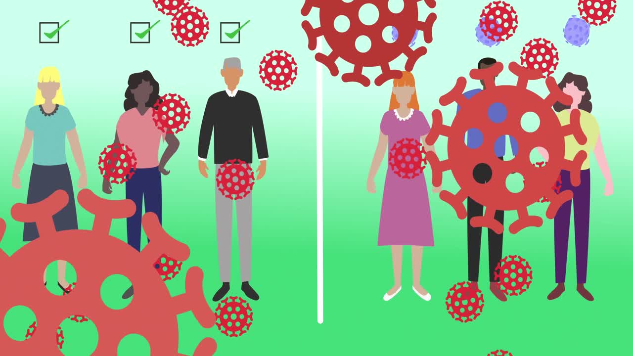 코로나19 세포는 사회적 거리를 유지하는 사람들을 상징합니다.
