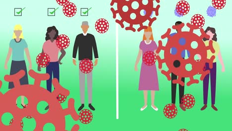 células de covid-19 contra personas que mantienen el distanciamiento social iconos