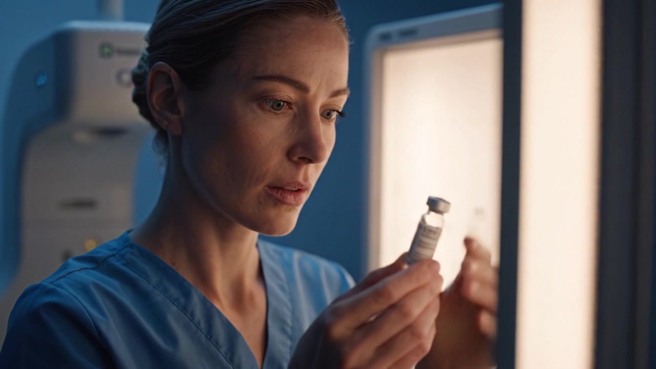 A healthcare professional examines a vaccine vial in clinical settings, reflecting on its importance and the implications for patient health and safety.