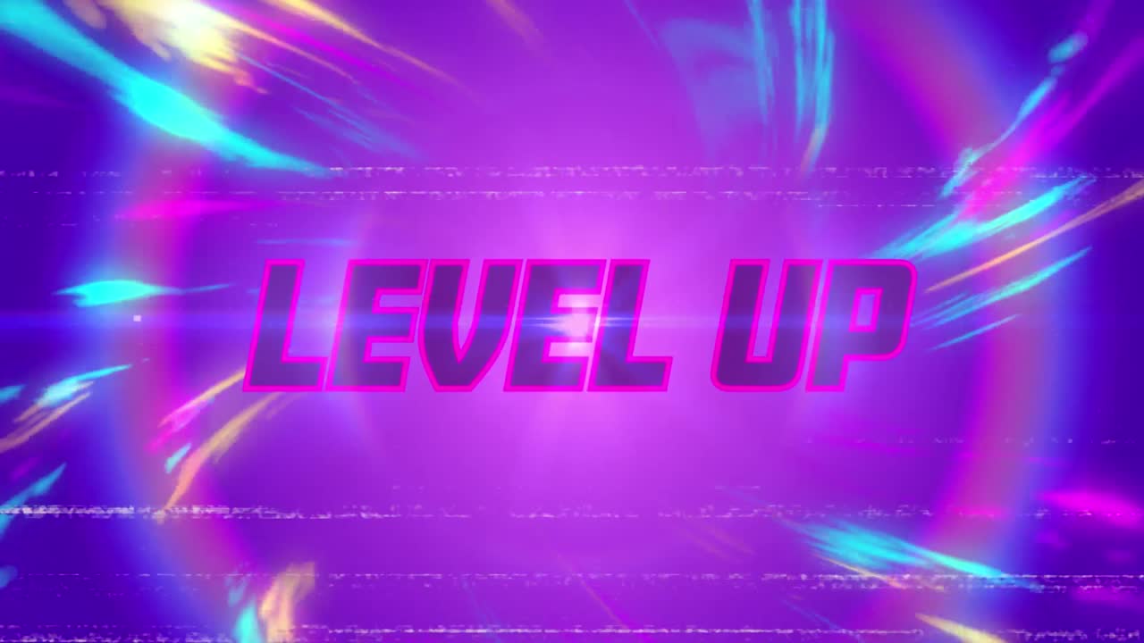 animación pantalla de videojuego vintage con palabras nivel arriba escrito